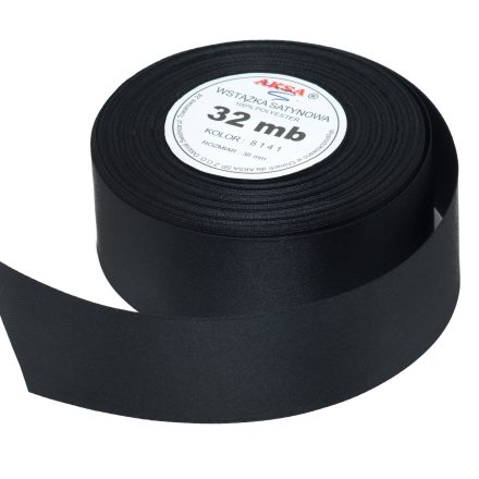 Wstążka satynowa dekoracyjna czarna 25 mm 32 m do prezentów WS8141