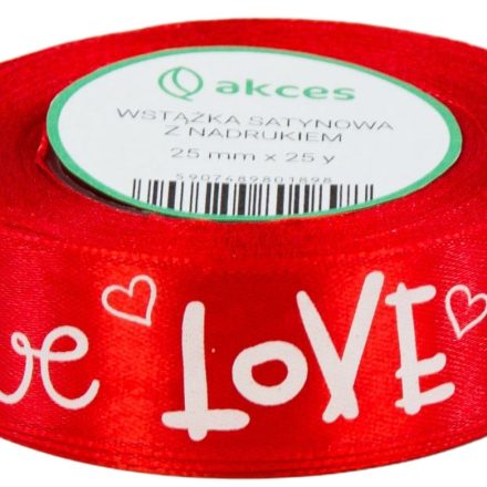 Wstążka satynowa ozdobna z nadrukiem LOVE czerwona 25 mm x 22 m