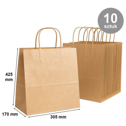 Torby papierowe brązowe gładkie z uchwytem 305x170x425 mm 10 szt