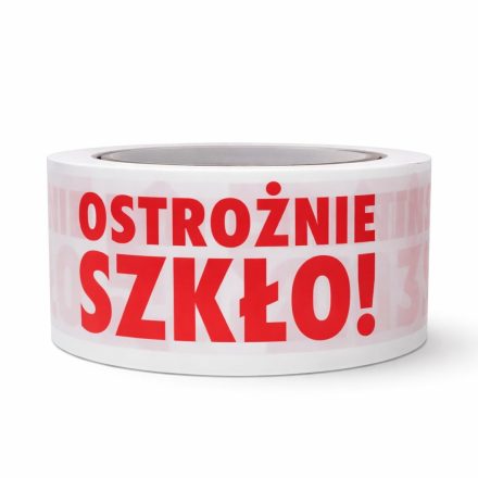 Taśma pakowa z nadrukiem OSTROŻNIE SZKŁO 48 mm x 66 m biała PP 28 um
