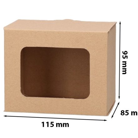 Pudełko prezentowe fasonowe z okienkiem na kubek 115x85x95mm brązowe