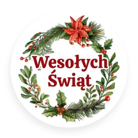 Naklejki świąteczne okrągłe fi 30 mm Wesołych Świąt wieniec, 200 szt