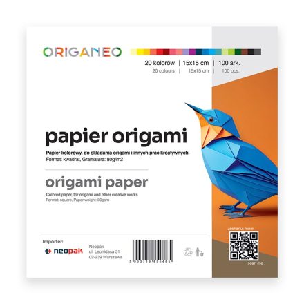 Kolorowy papier do origami ORIGANEO 15x15 cm 100 arkuszy 20 kolorów