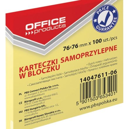 Bloczek samoprzylepny Office Products 76x76 mm 100 kartek jasnożółty